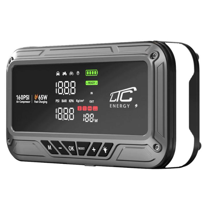 LTC indító, 12 000 mAh, kompresszorral, zseblámpával és powerbankkal, LCD-kijelző, 65 W teljesítmény, kábelek és hordtáska a csomagban, LXJS120