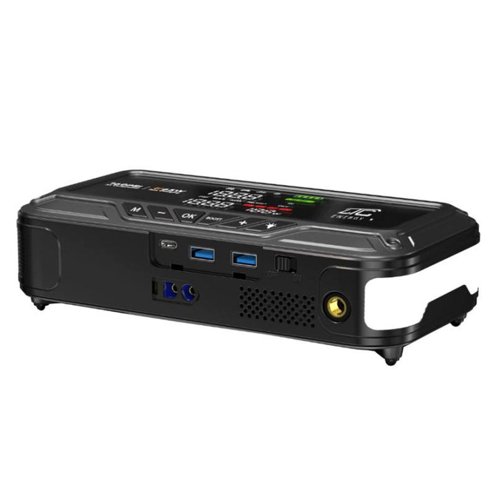 LTC indító, 12 000 mAh, kompresszorral, zseblámpával és powerbankkal, LCD-kijelző, 65 W teljesítmény, kábelek és hordtáska a csomagban, LXJS120