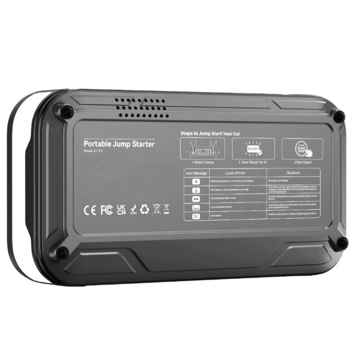 LTC indító, 12 000 mAh, kompresszorral, zseblámpával és powerbankkal, LCD-kijelző, 65 W teljesítmény, kábelek és hordtáska a csomagban, LXJS120