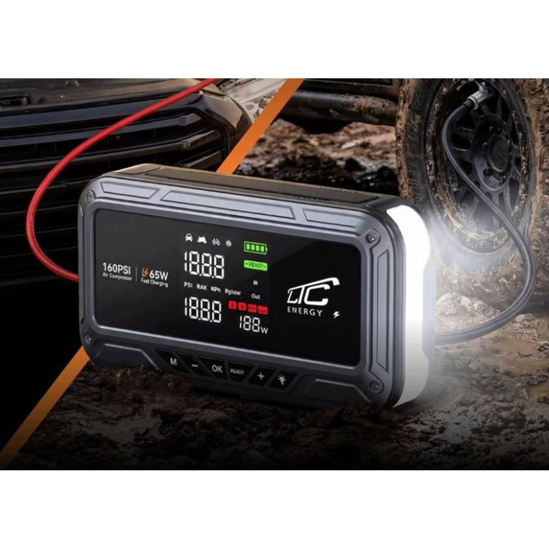 LTC indító, 12 000 mAh, kompresszorral, zseblámpával és powerbankkal, LCD-kijelző, 65 W teljesítmény, kábelek és hordtáska a csomagban, LXJS120
