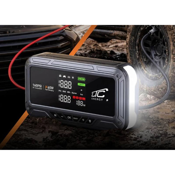 LTC indító, 12 000 mAh, kompresszorral, zseblámpával és powerbankkal, LCD-kijelző, 65 W teljesítmény, kábelek és hordtáska a csomagban, LXJS120