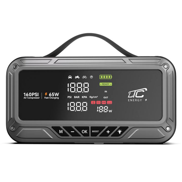 LTC indító, 12 000 mAh, kompresszorral, zseblámpával és powerbankkal, LCD-kijelző, 65 W teljesítmény, kábelek és hordtáska a csomagban, LXJS120