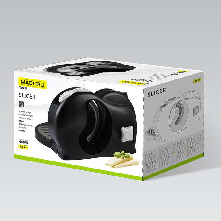 Maestro szeletelőgép, 400 W teljesítmény, 0–15 mm-es vágási tartomány, rozsdamentes acél penge, három vágási sebességfokozat, rögzítő és tálca a csomagban, MR-591