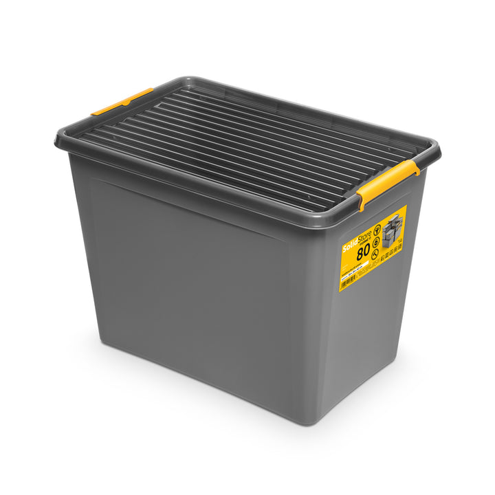 Moxom SolidStore tárolódoboz, 80 literes, szürke, csipeszes fedéllel, görgőkkel ellátva, BPA-mentes, 04-0217