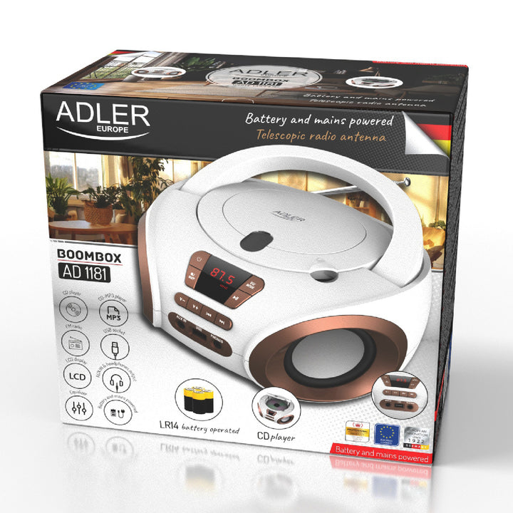Boombox rádió CD-MP3, USB, FM rádió, AUX, fejhallgató-csatlakozó, Adler, AD 1181