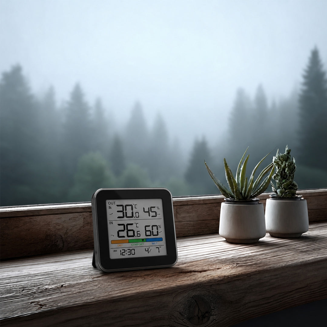 GreenBlue vezeték nélküli időjárásállomás, hőmérséklet és páratartalom (belső/külső), óra + ébresztő + dátum, °C / °F, 60 m-es hatótávolság, fekete, GB169 B + 4 db Varta Industrial AAA elem