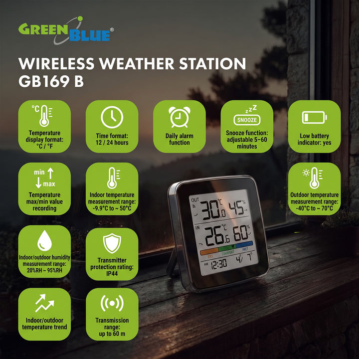 GreenBlue vezeték nélküli időjárásállomás, hőmérséklet és páratartalom (belső/külső), óra + ébresztő + dátum, °C / °F, 60 m-es hatótávolság, fekete, GB169 B + 4 db Varta Industrial AAA elem