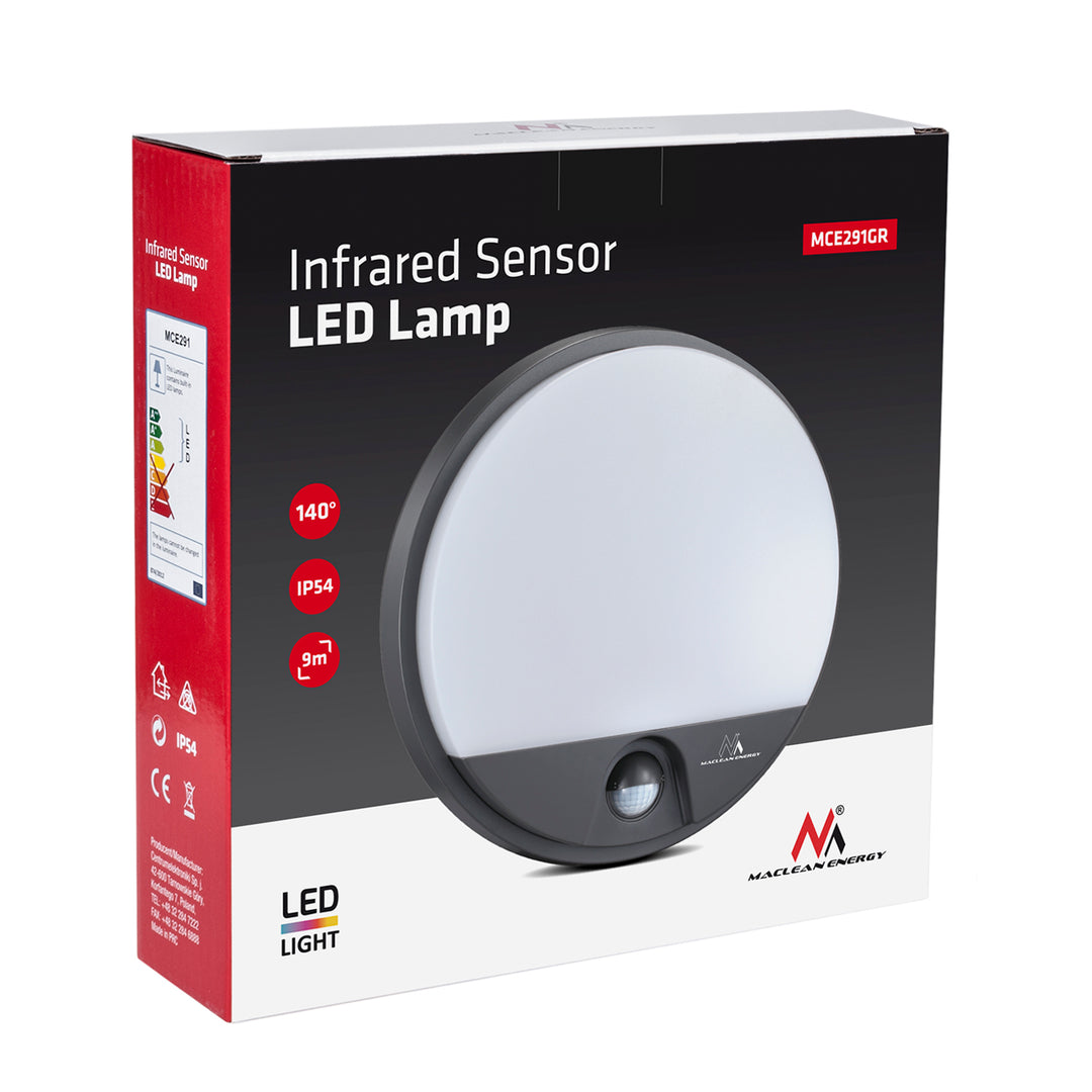 Maclean mozgásérzékelős LED-lámpa, PIR-érzékelő, szürke színű, 15 W, IP54, 1100 lm, semleges szín, MCE291 W, 2 darab
