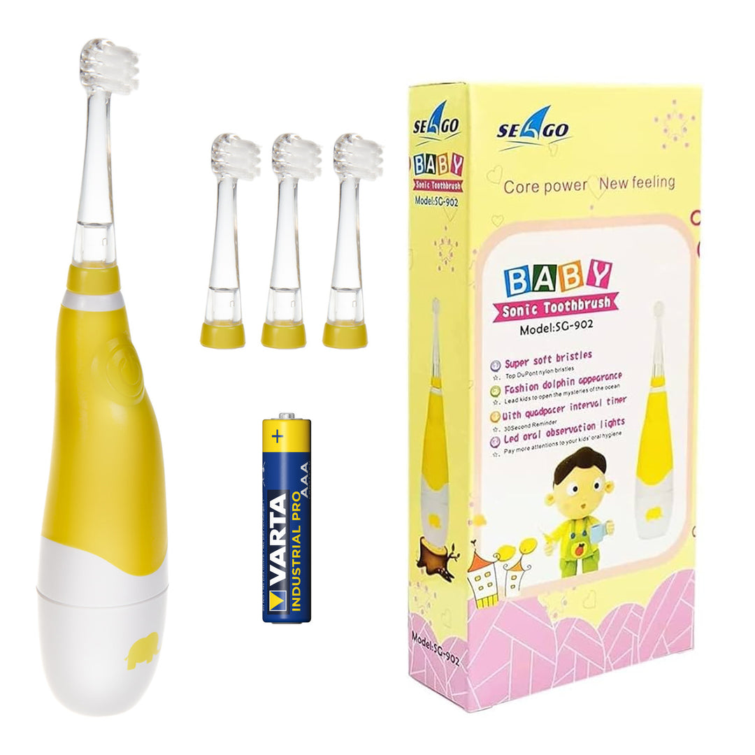 SEAGO gyermekeknek szánt szonikus fogkefe, sárga színű, 4 cserélhető fejet tartalmaz, SG-902 Yellow + Varta Industrial AAA alkáli elem