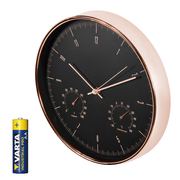 12''-es (30 cm-es) arany színű falióra hőmérővel és páratartalommérővel, CE70 G típusú, valamint R-06 LR6 AA 1,5 V-os Varta Industrial alkáli elemmel