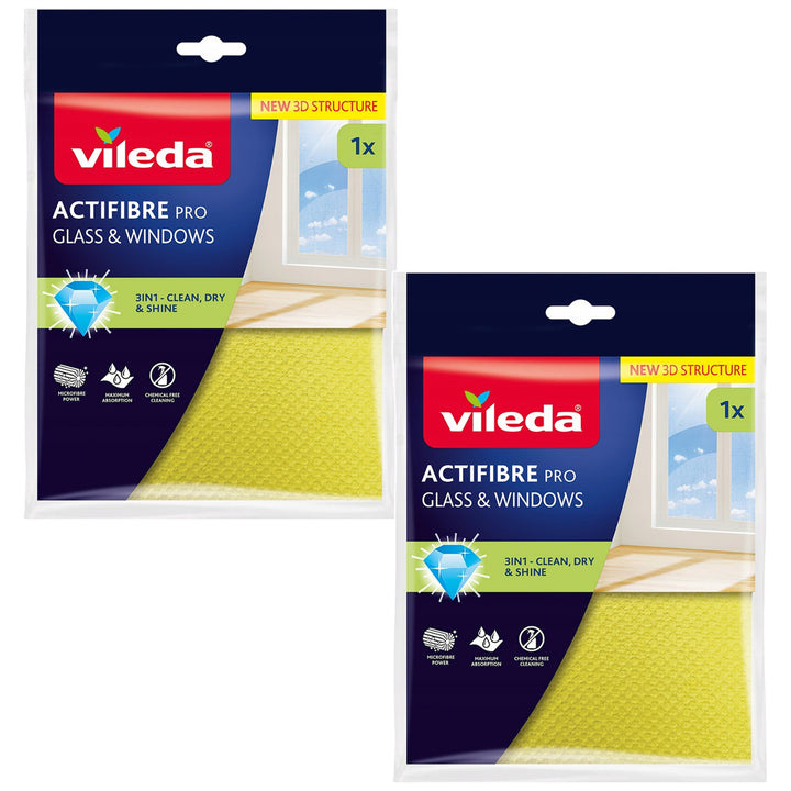 Vileda Actifibre Pro üveg- és ablaktörlő, mosógépben mosható, PVA bevonattal, csík- és foltmentes, puszta vízzel is tisztít, 183298, 2 darab