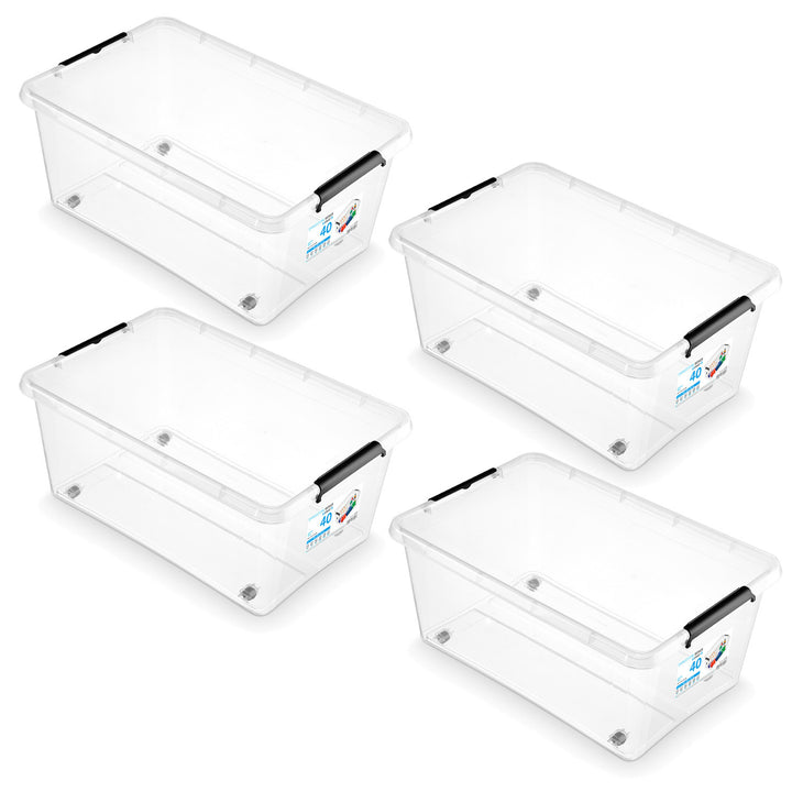 Moxom SimpleStore tárolódoboz, 40 literes, átlátszó, rögzítőkapcsos fedéllel, görgőkkel ellátva, BPA-mentes, 04-0076, 4 darab