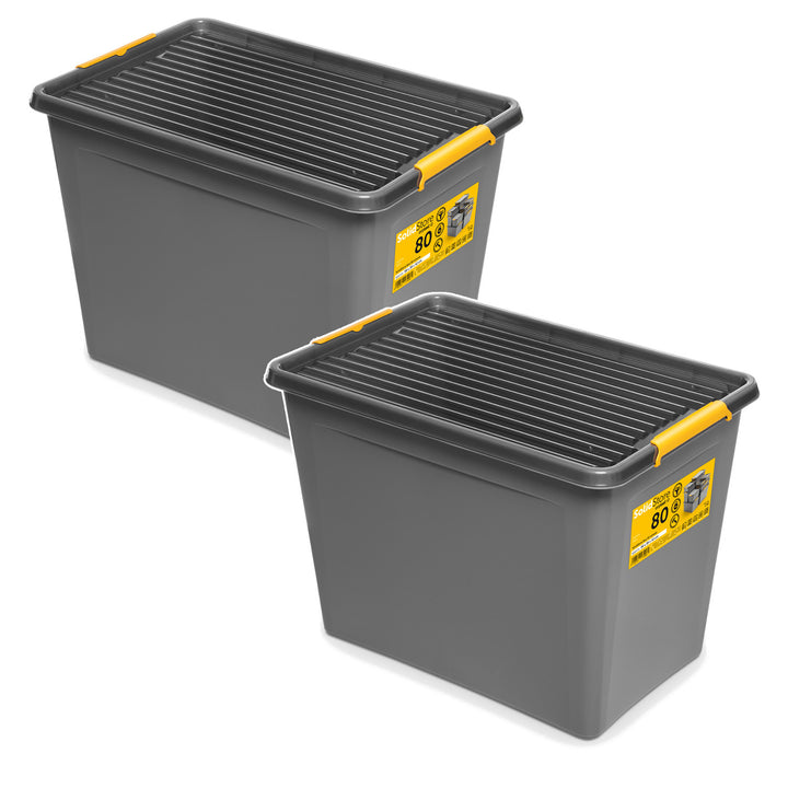 Moxom SolidStore tárolódoboz, 80 literes, szürke, rögzítőkapcsos fedéllel, görgőkkel ellátva, BPA-mentes, 04-0217, 2 darab