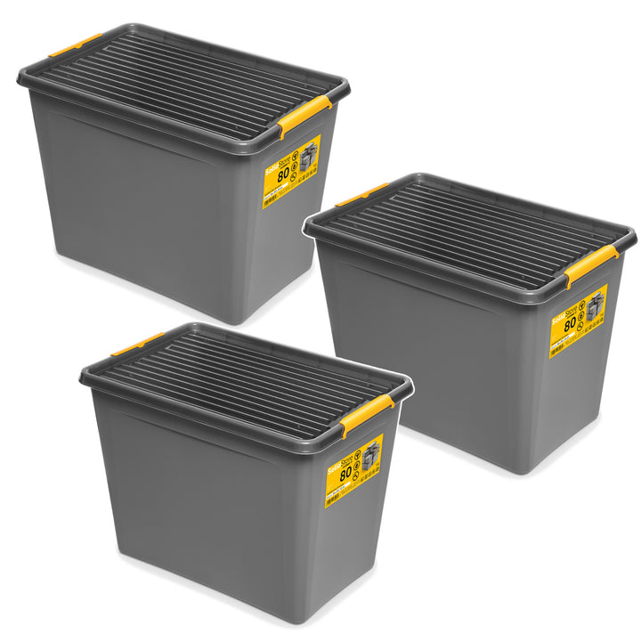 Moxom SolidStore tárolódoboz, 80 literes, szürke, rögzítőkapcsos fedéllel, görgőkkel ellátva, BPA-mentes, 04-0217, 3 darab