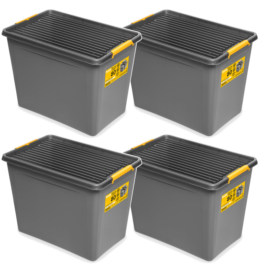 Moxom SolidStore tárolódoboz, 80 literes, szürke, rögzítőkapcsos fedéllel, görgőkkel ellátva, BPA-mentes, 04-0217, 4 darab