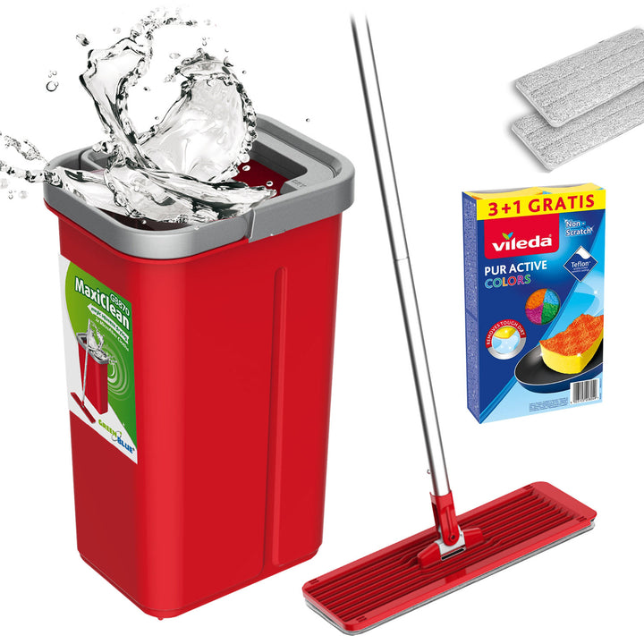 GreenBlue lapos felmosó vödörrel és kifacsaróval, két HQ mikroszálas betéttel, 5,7 l űrtartalommal, MaxiClean GB870 + 4 db Vileda Pur Active Colors súrolószivacs