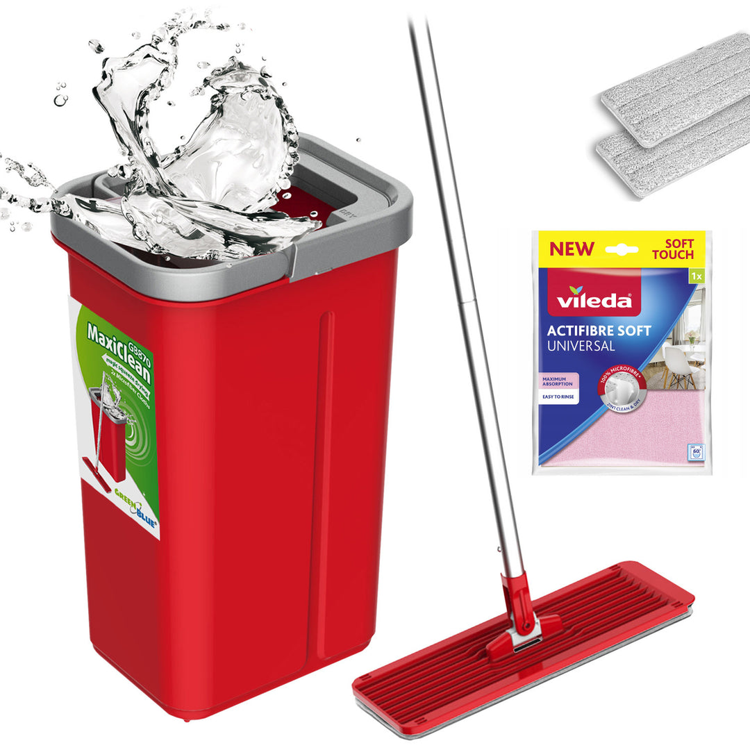 GreenBlue lapos felmosó vödörrel és kifacsaróval, két HQ mikroszálas betéttel, 5,7 l űrtartalommal, MaxiClean GB870 + Vileda Actifibre Soft törlőkendő