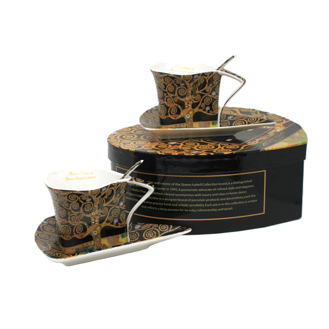 Klimt „Az élet fája” porceláncsészék, 2 db, 180 ml, kanállal, Queen Isabell
