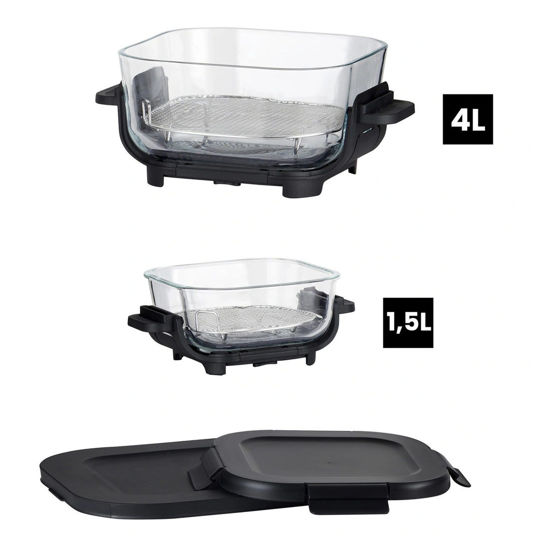 LOVIO PureFry Ultra Crisp LVAF003BK olajmentes légsütő, 4 l + 1,5 l, 1550 W, fekete, üveg edényekkel