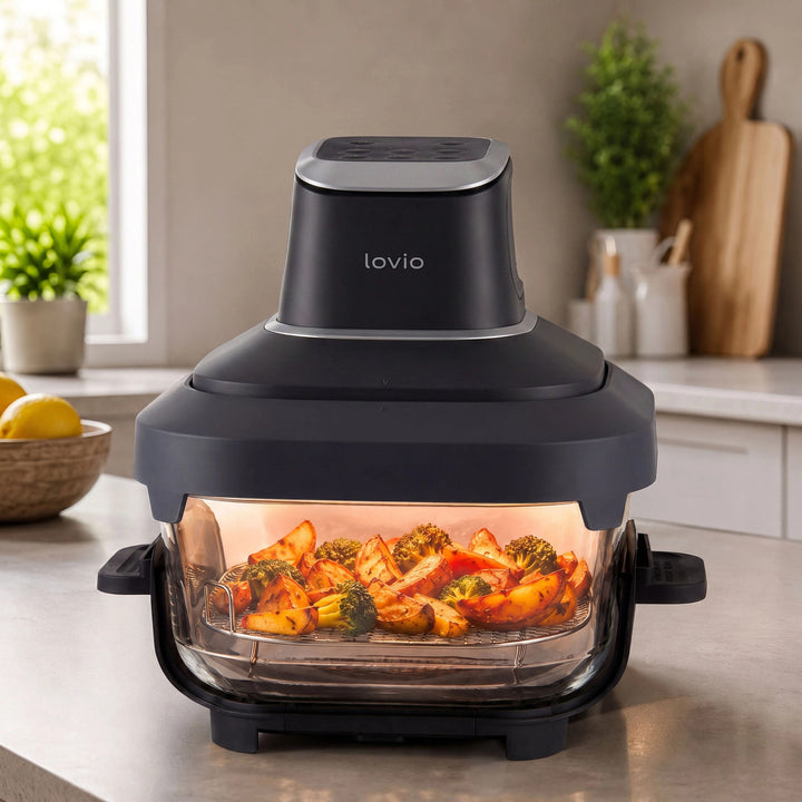 LOVIO PureFry Ultra Crisp LVAF003BK olajmentes légsütő, 4 l + 1,5 l, 1550 W, fekete, üveg edényekkel
