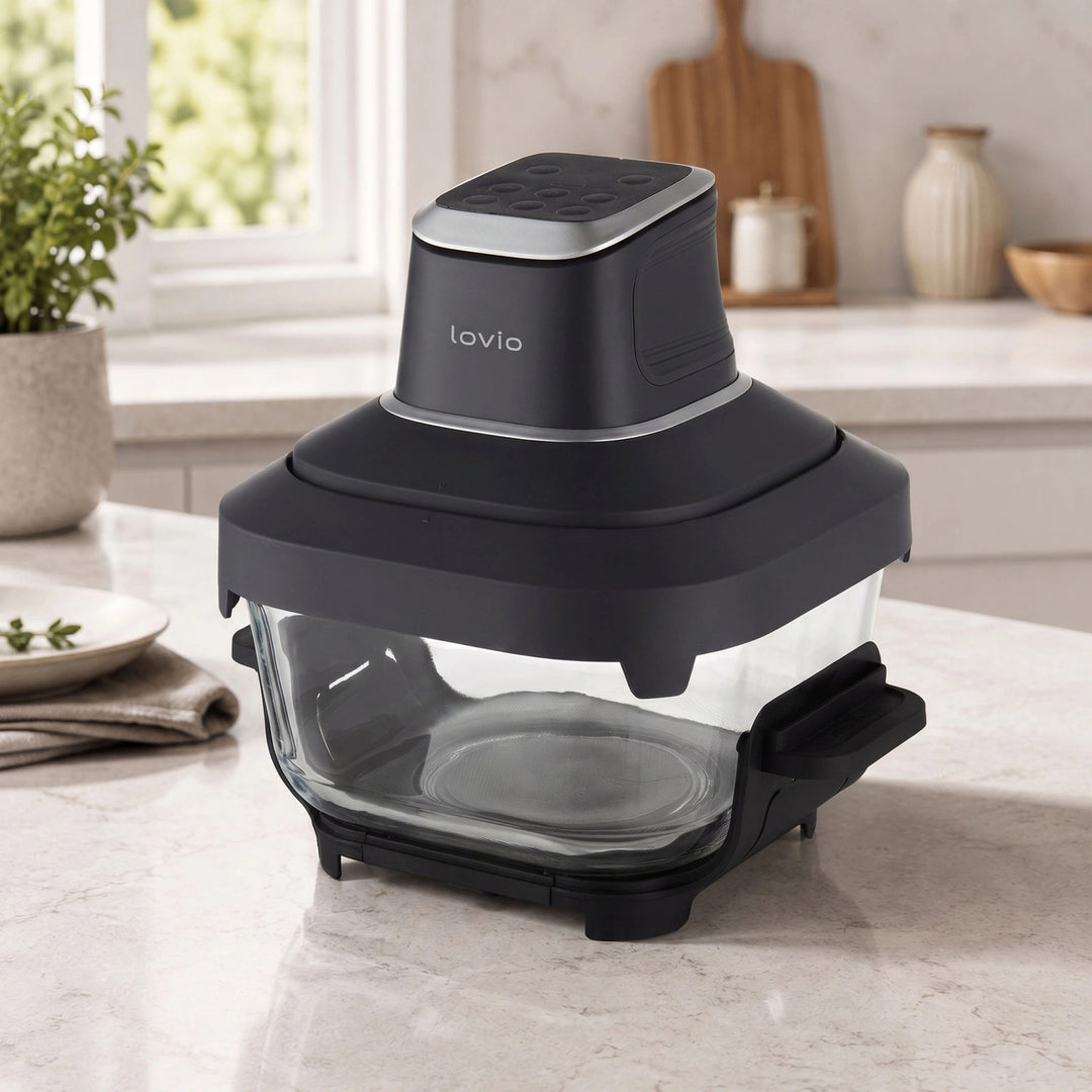LOVIO PureFry Ultra Crisp LVAF003BK olajmentes légsütő, 4 l + 1,5 l, 1550 W, fekete, üveg edényekkel