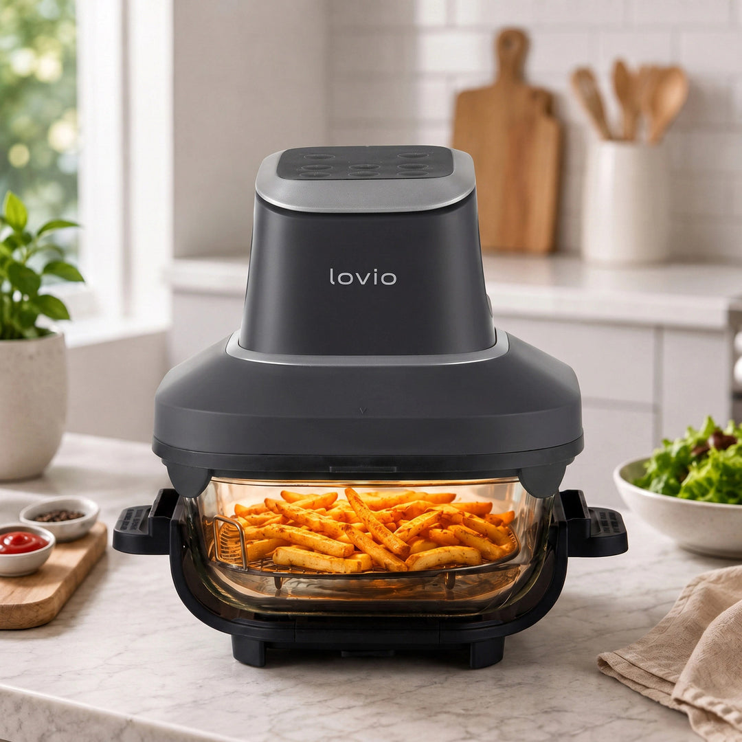 LOVIO PureFry Ultra Crisp LVAF003BK olajmentes légsütő, 4 l + 1,5 l, 1550 W, fekete, üveg edényekkel