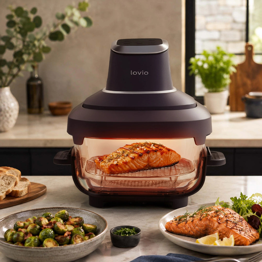 LOVIO PureFry Ultra Crisp LVAF003BK olajmentes légsütő, 4 l + 1,5 l, 1550 W, fekete, üveg edényekkel