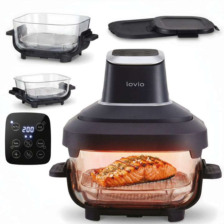 LOVIO PureFry Ultra Crisp LVAF003BK olajmentes légsütő, 4 l + 1,5 l, 1550 W, fekete, üveg edényekkel