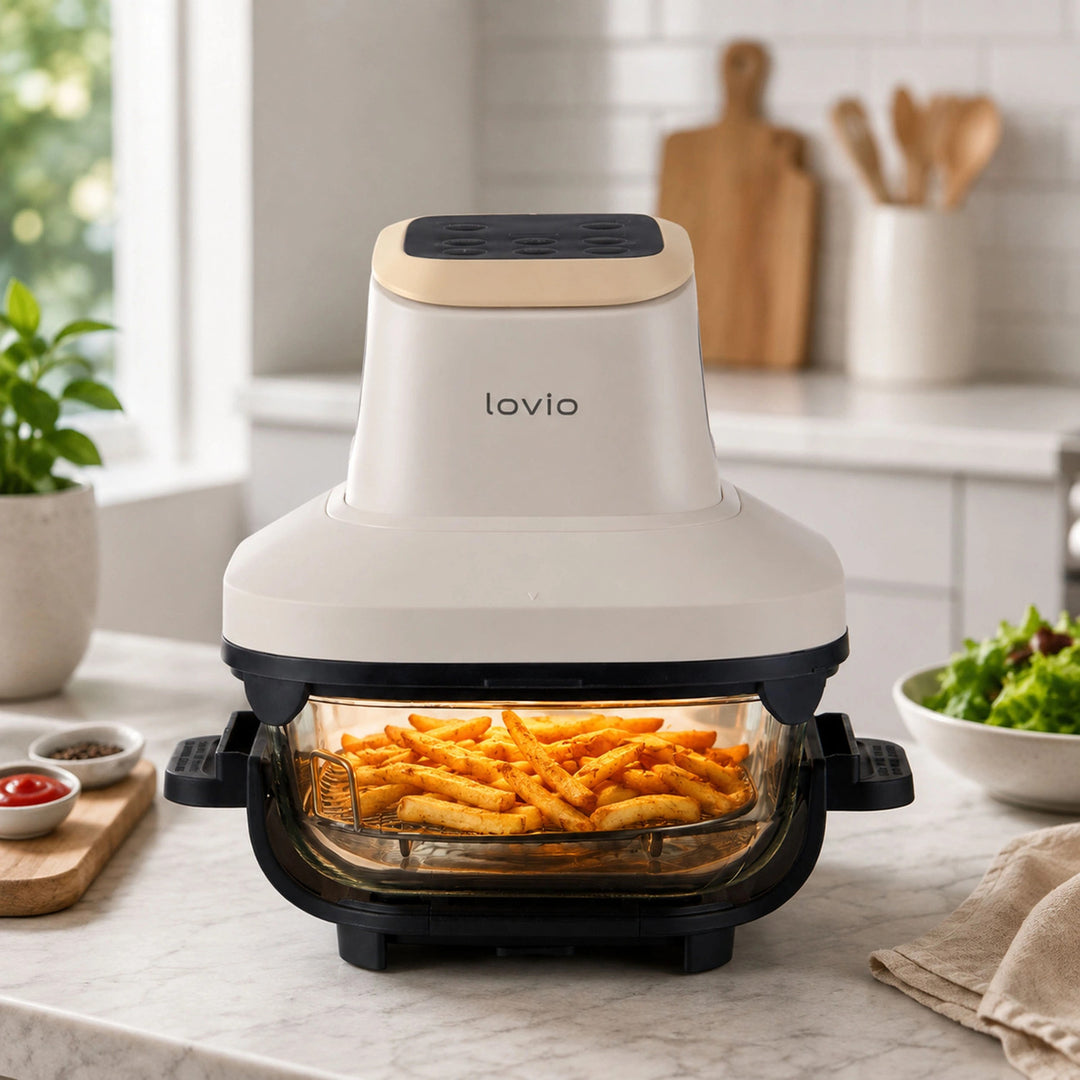 LOVIO PureFry Ultra Crisp LVAF003BE olajmentes légsütő, 4 l + 1,5 l, 1550 W, bézs színű, üveg edényekkel