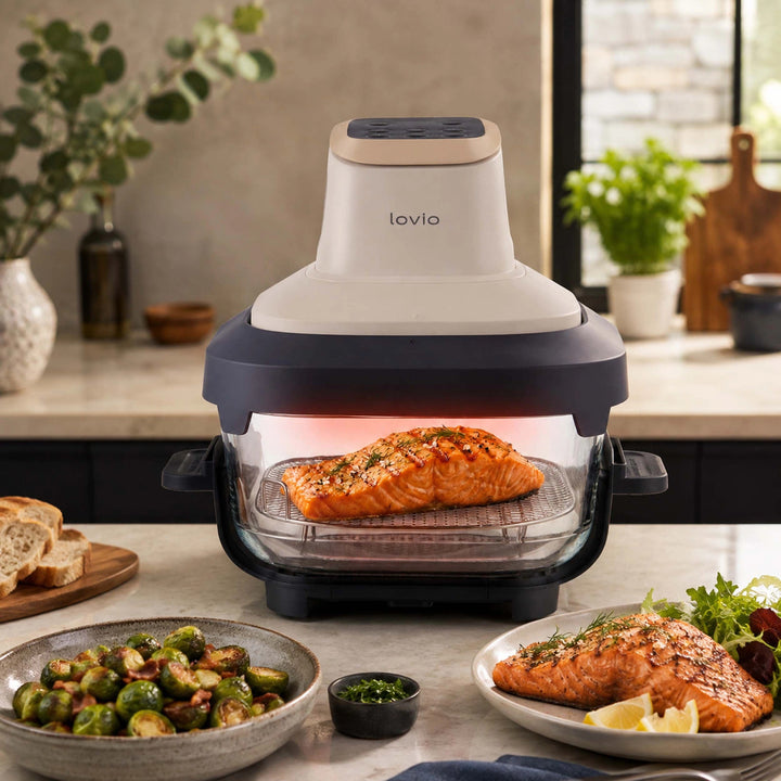 LOVIO PureFry Ultra Crisp LVAF003BE olajmentes légsütő, 4 l + 1,5 l, 1550 W, bézs színű, üveg edényekkel