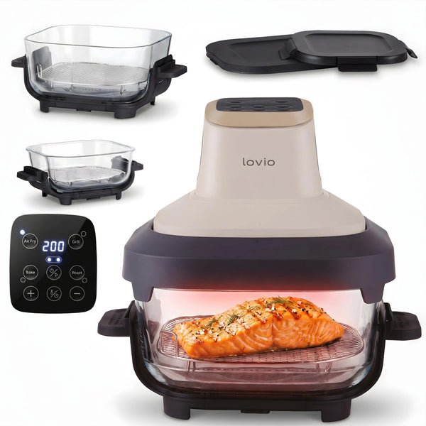 LOVIO PureFry Ultra Crisp LVAF003BE olajmentes légsütő, 4 l + 1,5 l, 1550 W, bézs színű, üveg edényekkel