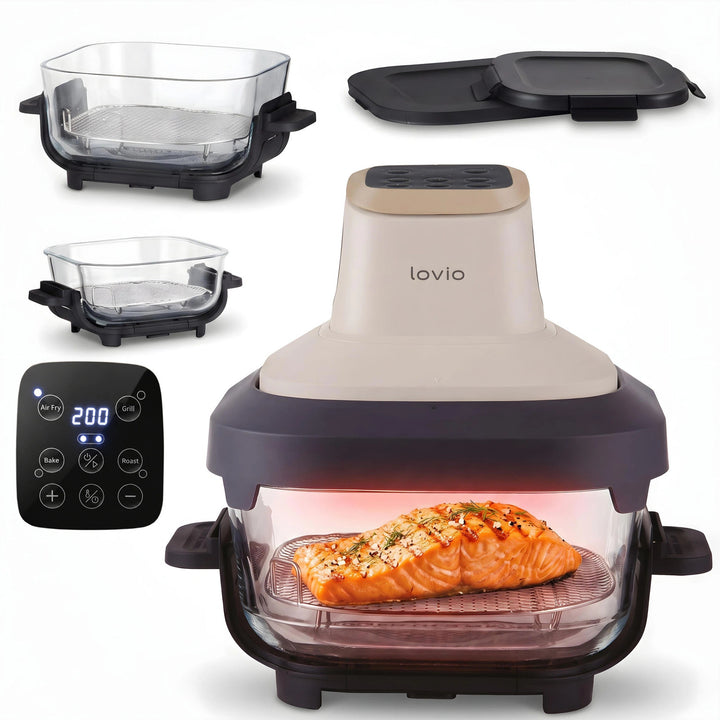 LOVIO PureFry Ultra Crisp LVAF003BE olajmentes légsütő, 4 l + 1,5 l, 1550 W, bézs színű, üveg edényekkel
