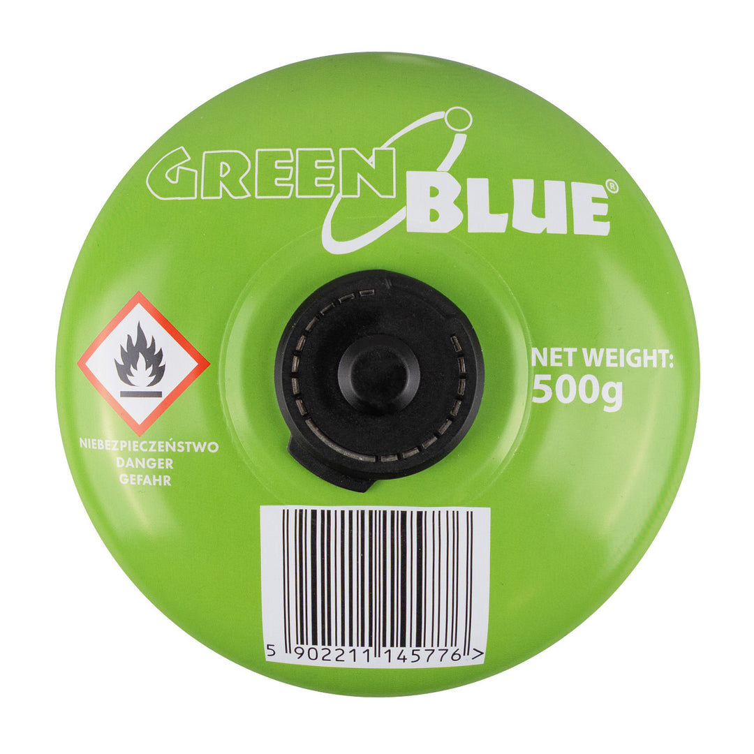 500 g-os GreenBlue gázpatron. Tanúsítvány: Pi 0437, megfelel az EN417 szabványnak, bután-propán, hőmérséklet-tartomány: -10 °C – +40 °C, 7/16"-es szelep, GB499, 48 darab