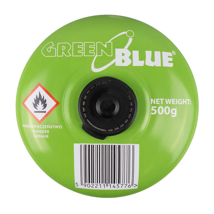 500 g-os GreenBlue gázpatron. Tanúsítvány: Pi 0437, megfelel az EN417 szabványnak, bután-propán, hőmérséklet-tartomány: -10 °C – +40 °C, 7/16"-es szelep, GB499, 48 darab