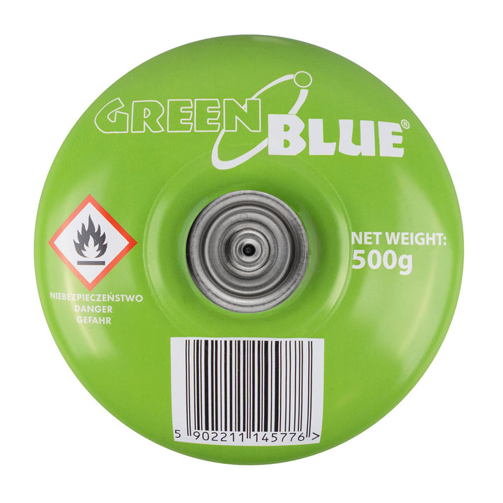 500 g-os GreenBlue gázpatron. Tanúsítvány: Pi 0437, megfelel az EN417 szabványnak, bután-propán, hőmérséklet-tartomány: -10 °C – +40 °C, 7/16"-es szelep, GB499, 48 darab