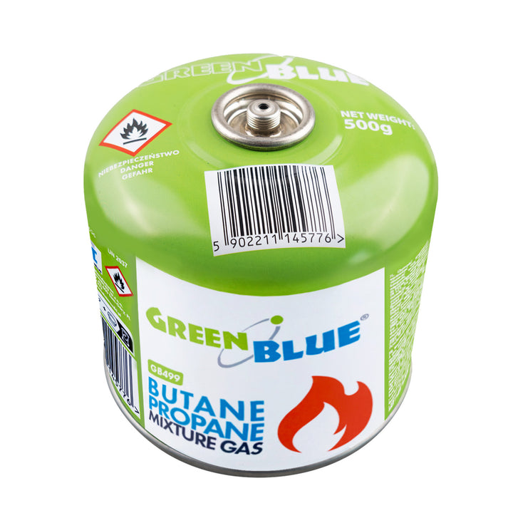 500 g-os GreenBlue gázpatron. Tanúsítvány: Pi 0437, megfelel az EN417 szabványnak, bután-propán, hőmérséklet-tartomány: -10 °C – +40 °C, 7/16"-es szelep, GB499, 48 darab
