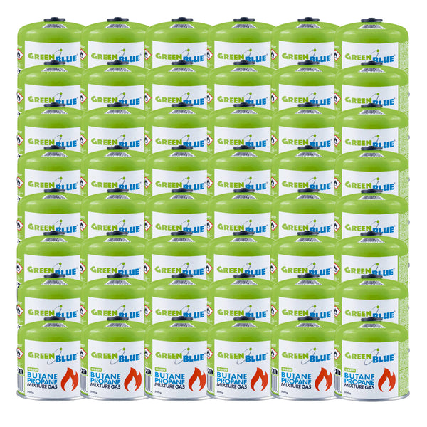 500 g-os GreenBlue gázpatron. Tanúsítvány: Pi 0437, megfelel az EN417 szabványnak, bután-propán, hőmérséklet-tartomány: -10 °C – +40 °C, 7/16"-es szelep, GB499, 48 darab