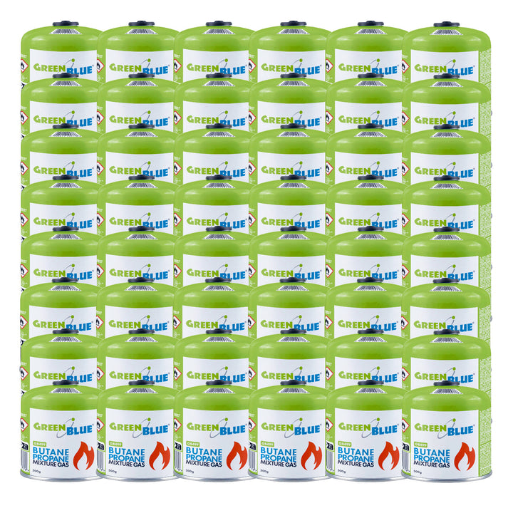 500 g-os GreenBlue gázpatron. Tanúsítvány: Pi 0437, megfelel az EN417 szabványnak, bután-propán, hőmérséklet-tartomány: -10 °C – +40 °C, 7/16"-es szelep, GB499, 48 darab
