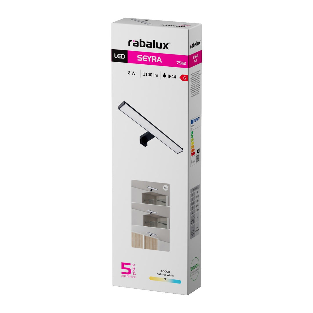 Fürdőszobai falilámpa, Seyra, LED 8 W, 4000 K, 650 lm, hossz: 40 cm, fekete, IP44, 75112