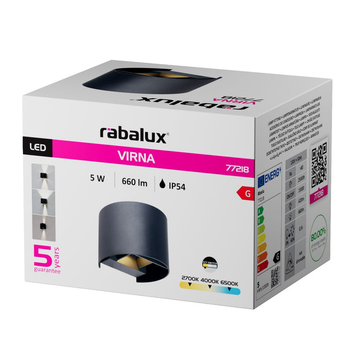 Külső falilámpa, Virna, 5 W-os LED, 420 lm, színhőmérséklet: 2700, 4000, 6500 K, IP54, fekete, 77218